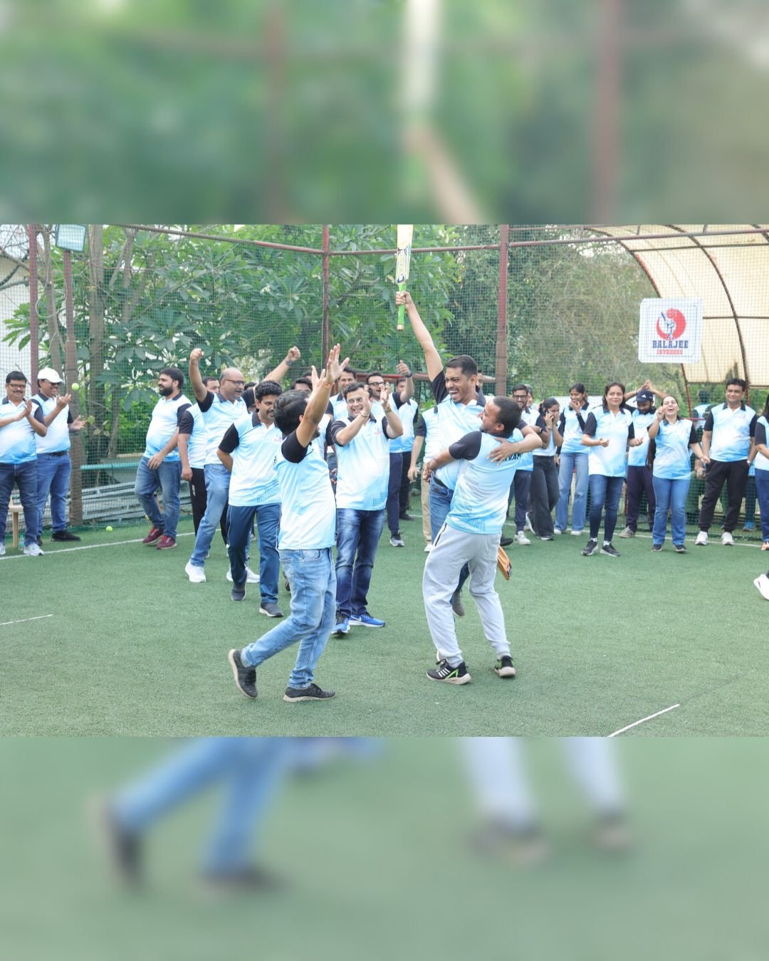 Colleagues celebrating during an outdoor activity
